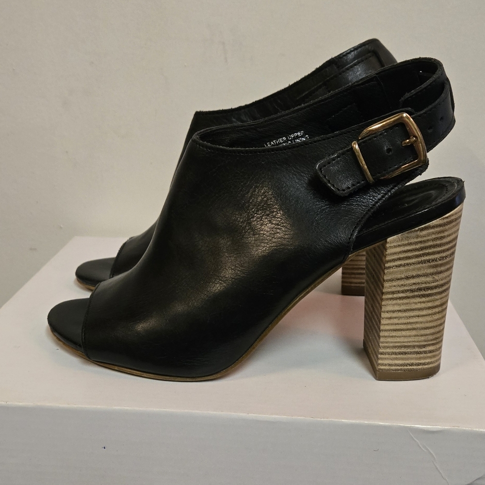 Kurt Geiger Black Leather Open-Toe Slingback Block Heel Women's Shoes